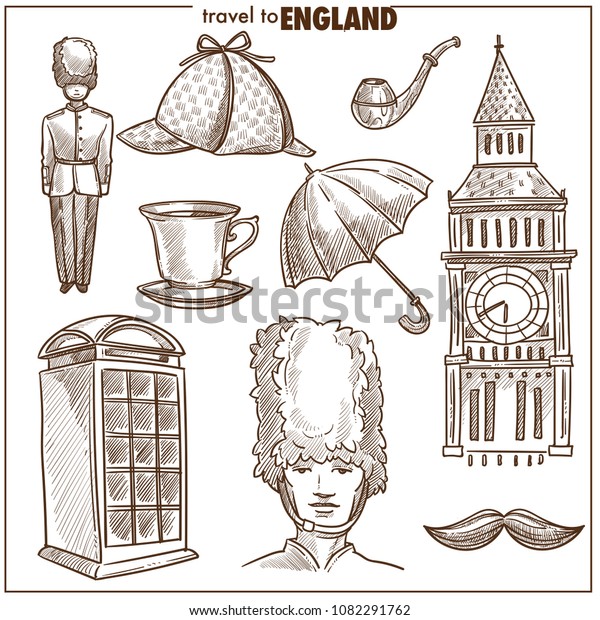 England Travel Tourism Vector Sketch Symbols Stock Vector (Royalty Free ...