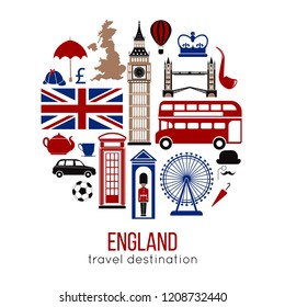 England UK sightseeing landmarks and famous vector travel attractions poster.