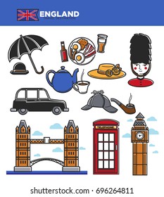 England UK travel tourism landmarks and famous tourist attractions vector icons