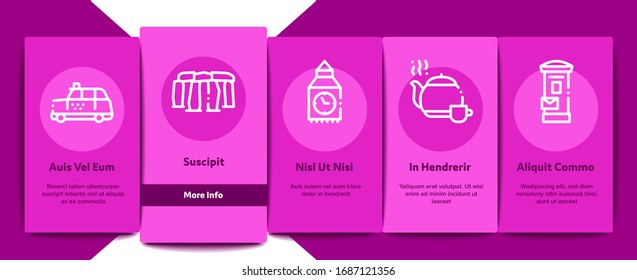 England United Kingdom Onboarding Mobile App Page Screen Vector. England Flag And Pound Sterling Coin, Bus And Cab Taxi, Big Ben And Tower Bridge Color Contour Illustrations