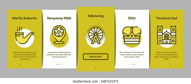 England United Kingdom Onboarding Mobile App Page Screen Vector. England Flag And Pound Sterling Coin, Bus And Cab Taxi, Big Ben And Tower Bridge Color Contour Illustrations