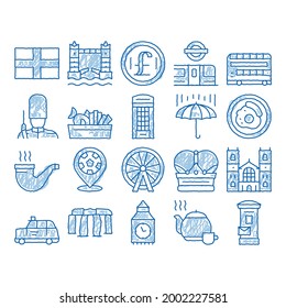 England United Kingdom sketch icon vector. Hand drawn blue doodle line art England Flag And Pound Sterling Coin, Bus And Cab Taxi, Big Ben And Tower Bridge Illustrations