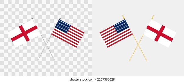 England and USA crossed flags. Pennon angle 28 degrees. Options with different shapes and colors of flagpoles - silver and gold. Example of flags on transparent background. Vector illustration