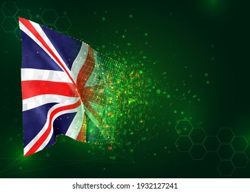 England, vector 3d flag on green background with polygons and data numbers