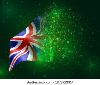 England, vector 3d flag on green background with polygons and data numbers