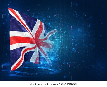 England, Vektorgrafik 3D-Flagge auf blauem Hintergrund mit hud-Schnittstellen