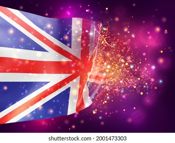 England, vector 3d flag on pink purple background with lighting and flares