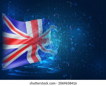 England, vector 3d flag on blue background with hud interfaces