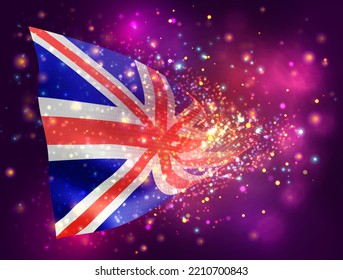 Inglaterra, bandera vectorial 3d sobre fondo púrpura rosa con iluminación y bengalas