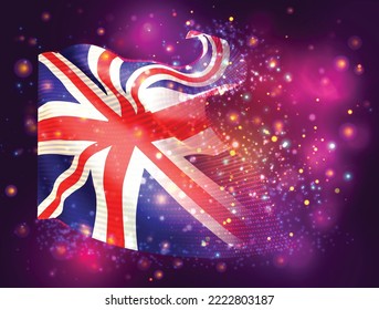 Inglaterra, bandera vectorial 3d sobre fondo púrpura rosa con iluminación y bengalas