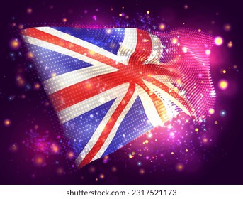 England, vector 3d flag on pink purple background with lighting and flares