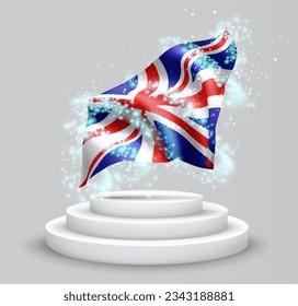 England, Vektor-3D-Flagge auf dem Podium, umgeben von einem Wirbelwind magischer Strahlung