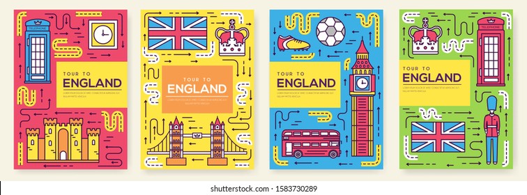 England vector brochure cards thin line set. Country travel template of flyer, magazines, posters, book cover, banners. Layout culture monument outline illustrations modern pages