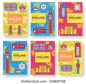 England vector brochure cards thin line set. Country travel template of flyear, magazines, posters, book cover, banners. Layout culture monument outline illustrations modern pages