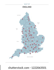 England vector map. Editable template with regions, cities, red pins and blue surface on white background.