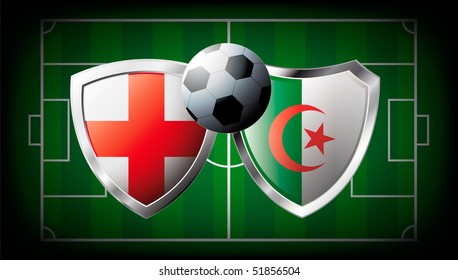 England versus Algeria abstract vector illustration isolated on white background. Soccer match in South Africa 2010. Shiny football shield of flag England versus Algeria