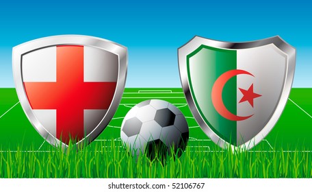 England versus Algeria abstract vector illustration isolated on white background. Shiny football shield of flag England versus Algeria