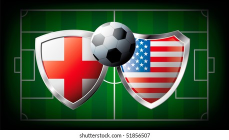 England versus USA abstract vector illustration isolated on white background. Soccer match in South Africa 2010. Shiny football shield of flag England versus USA