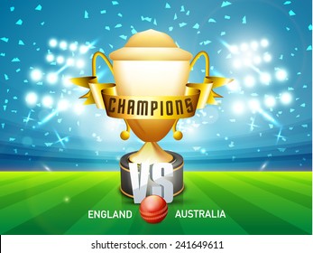 England Vs Australia Cricket match concept with red ball, golden winning trophy and ribbon shining in stadium lights.