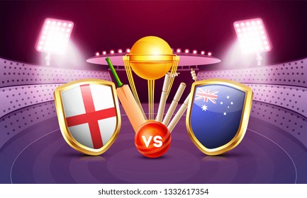 England vs Australia cricket tournament poster design with countries flag shields, champion trophy, cricket bat and ball illustration on night stadium view background.  