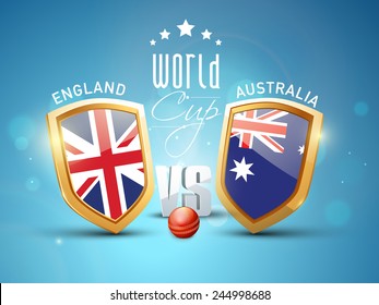 England Vs Australia, World Cup Cricket match concept with winning shield of their countries flags and red ball on shiny blue background.