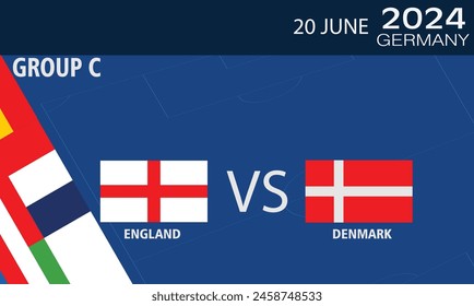 England vs Denmark Match Design Element. Flags Icons with transparency isolated on blue background. Football Championship Competition Infographics,  2024 group C stage championship match versus teams