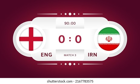 England vs Iran Match. Football 2022. World Football Championship Competition infographic. Group Stage. Group B. Poster, announcement, game score. Scoreboard template. Vector illustration