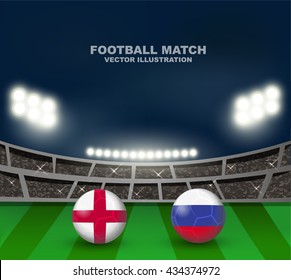 England vs Russia soccer ball in flag design on stadium background for football tournament , this image for match template or banner in vector illustration