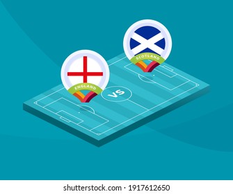 England gegen Schottland-Match. Fußball 2020 Meisterschaftsspiel gegen Mannschaften auf sportlichem Hintergrund, Meisterschaftwettbewerb Finalposter, flache Vektorgrafik.