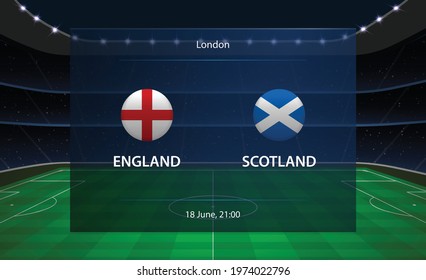 England vs Scotland football scoreboard. Broadcast graphic soccer template