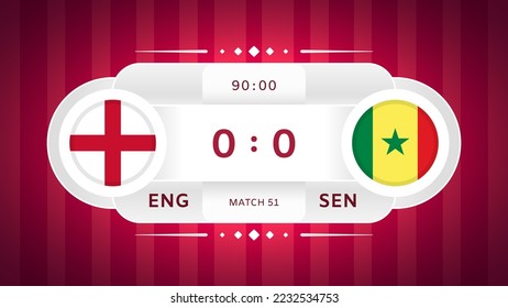 England vs Senegal Match Design Element. Flag icons isolated on stylized red striped background. Football Championship Competition Infographics. Announcement, Game Score, Scoreboard Template. Vector