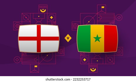 ronda de segunda vuelta del partido de fútbol 2022 entre Inglaterra y Senegal. Partido del Campeonato Mundial de Fútbol 2022 contra equipos de fondo deportivo de introducción, afiche de la competencia del campeonato, ilustración del vector.