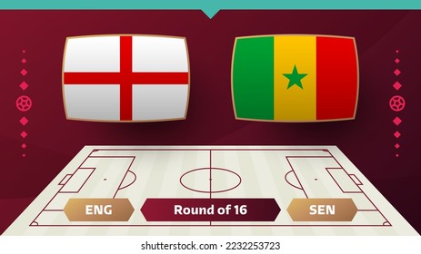 ronda de segunda vuelta del partido de fútbol 2022 entre Inglaterra y Senegal. Partido del Campeonato Mundial de Fútbol 2022 contra equipos de fondo deportivo de introducción, afiche de la competencia del campeonato, ilustración del vector.