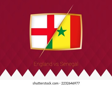 England vs Senegal, round of 16 icon of football competition on burgundy background. Vector icon.