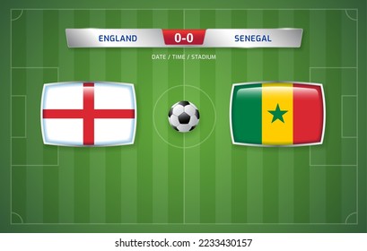 Plantilla de difusión del marcador Inglaterra vs Senegal para el torneo de fútbol deportivo 2022 y la ronda del campeonato de fútbol de 16 ilustraciones vectoriales