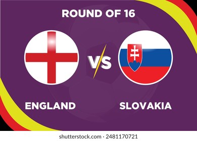 Inglaterra vs Eslovaquia, ronda del 16 de junio de 2024 en la competición de futbol Banderas rivales de ambos Equipos con forma de futbol.Aislar con color púrpura y Football.Editable archivo EPS. Partido de fútbol ENG VS SLO.