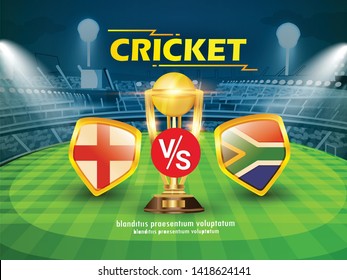 England Vs South Africa Cricket Championship Banner With Winning Golden Trophy And Stadium Background