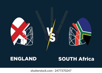 Concepto de partido de cricket Inglaterra vs Sudáfrica. Banderas rivales de ambos Equipos con casco de cricket aislado con bola, wickets y fondo oscuro. Archivo EPS editable. Concepto de partido ENG vs SA.