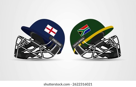 England vs South Africa Cricket batting helmet with protective grill isolated on white background, vector illustration	

