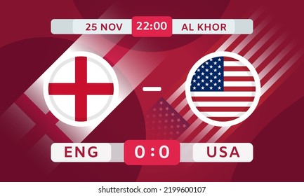 England Vs USA Match Design Element. Football Championship Competition Infographics. Announcement, Game Score, Scoreboard Template. Vector Illustration