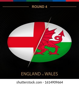 England vs Wales in Rugby Tournament round 4, ball shaped rugby icon on black background. Vector template.