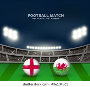 England vs Wales soccer ball in flag designed on stadium background for football tournament. Concept design for match template or banner in vector illustration