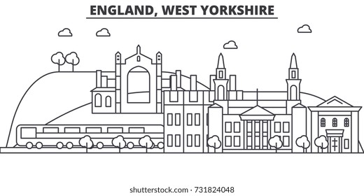 England, West Yorkshire architecture line skyline illustration. Linear vector cityscape with famous landmarks, city sights, design icons. Landscape wtih editable strokes