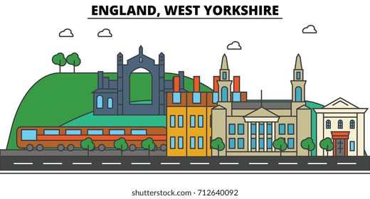 England, West Yorkshire. City skyline: architecture, buildings, streets, silhouette, landscape, panorama, landmarks. Editable strokes. Flat design line vector illustration concept. Isolated icons set