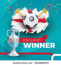 England winner Football 2020 championship. Gold foil confetti winner cup. Vector illustration with colored label isolated on blue background.