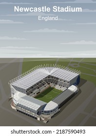 England,Europe - 08-08-2022:Newcastle Football  Stadium Or James Park Stadium Vector Illustration Vintage,retro,travel Poster Design In Cartoon Style.Football Stadium Vector With Clouds,sky,text Etc.