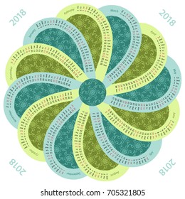 English 2018 calendar in round shape on white background