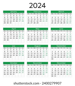 ENGLISH 2024 year calendar. Printable vector illustration. Plan your year with style