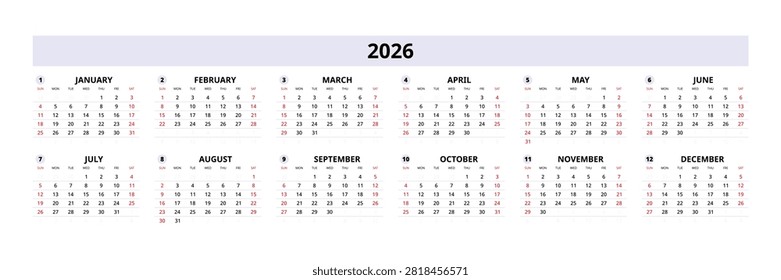 English 2026 Horizontal 6x2 Grid Whitespace Focus Yearly Planner Clean Minimalist Line Art Grid (Compatible with 2037 and 2043).