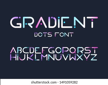 English ABC, full latin alphabet with futuristic, cyberpunk looking, digital, rounded shape with dots in gradient blue, pink and violet colors letters isolated flat vector illustrations collection